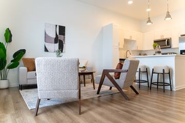 Port St. Lucie apartment for rent - A modern living room with a white chair and a brown couch.