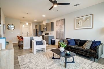 Baton Rouge apartment for rent - A modern living room with a black couch and a coffee table.