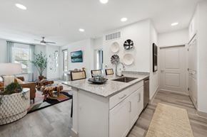 Bastrop apartment for rent - a white kitchen with a counter top and a living room