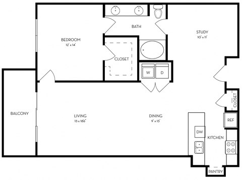Floor plan for 1 bed, 1 bath, 1055 sqft