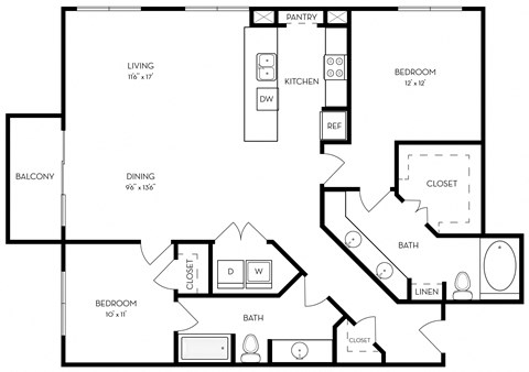 Floor plan for 2 beds, 2 baths, 1290 sqft