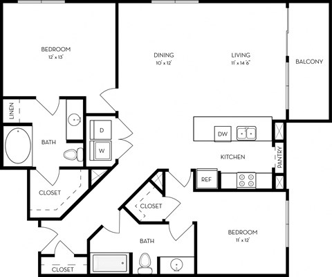 Floor plan for 2 beds, 2 baths, 1188 sqft
