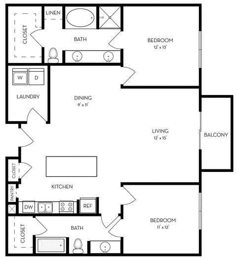 Floor plan for 2 beds, 2 baths, 1238 sqft