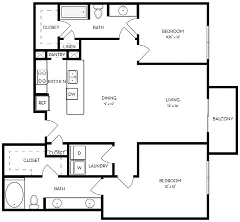 Floor plan for 2 beds, 2 baths, 1224 sqft
