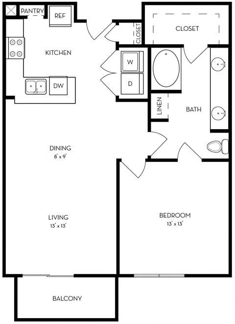 Floor plan for 1 bed, 1 bath, 833 sqft