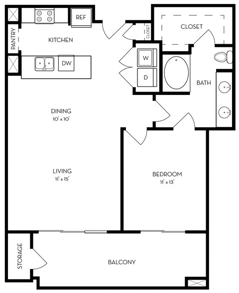Floor plan for 1 bed, 1 bath, 861 sqft