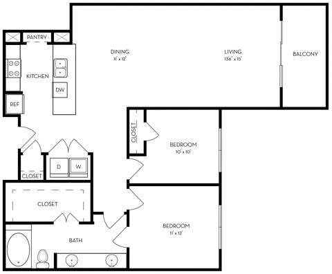 Floor plan for 2 beds, 1 bath, 1124 sqft
