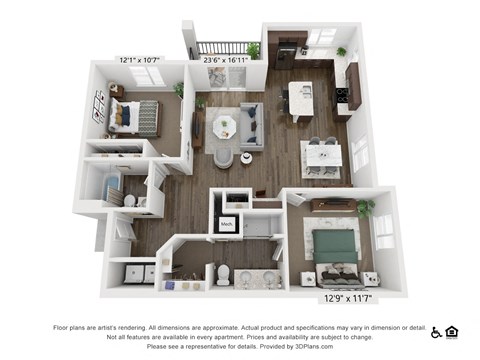 Floor plan for 2 beds, 2 baths, 1169 sqft