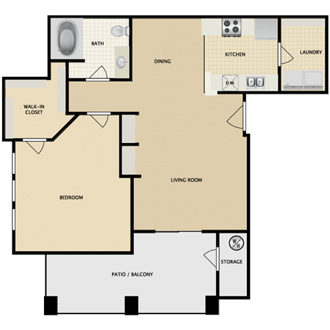 Floor plan for 1 bed, 1 bath, 805 sqft