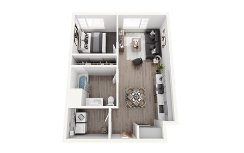 Floor plan for 1 bed, 1 bath, 671 sqft