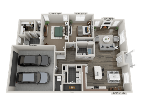 Floor plan for 2 beds, 2.5 baths, 1512 sqft