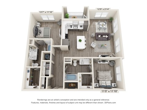 Floor plan for 2 beds, 2 baths, 1305 sqft