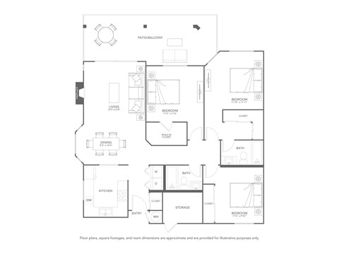 Floor plan for 3 beds, 2 baths, 1282 sqft