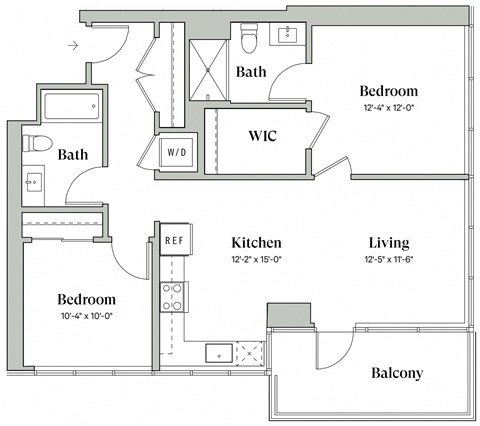 Floor plan for 2 beds, 2 baths, 983 sqft