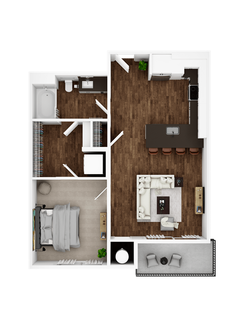 Floor plan for 1 bed, 1 bath, 683 sqft