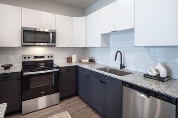 Benbrook apartment for rent - A modern kitchen with a stainless steel dishwasher and oven.