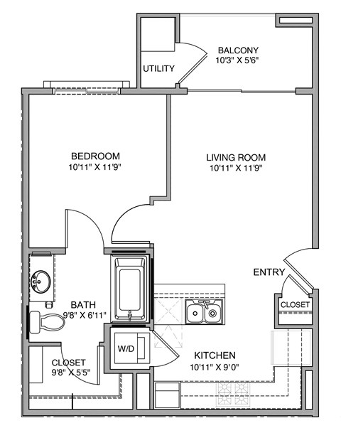 Floor plan for 1 bed, 1 bath, 605 sqft
