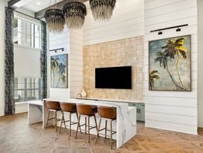 Ladson apartment for rent - A modern kitchen with a bar area and a painting of a palm tree on the wall.