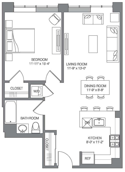 Floor plan for 1 bed, 1 bath, 785 sqft