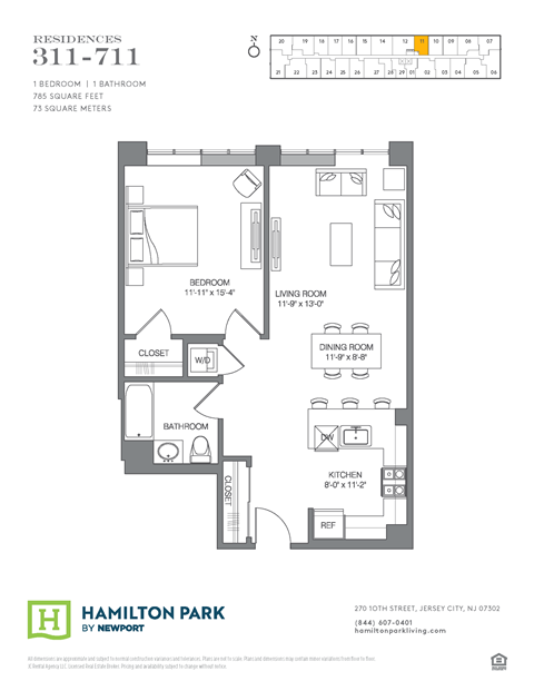 Floor plan for 1 bed, 1 bath, 785 sqft