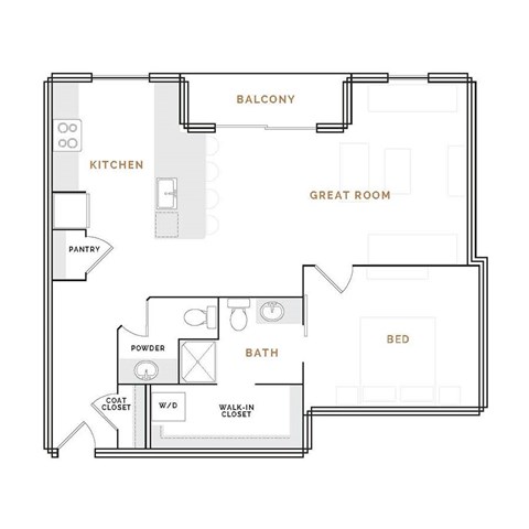 Floor plan for 1 bed, 1.5 baths, 969 sqft