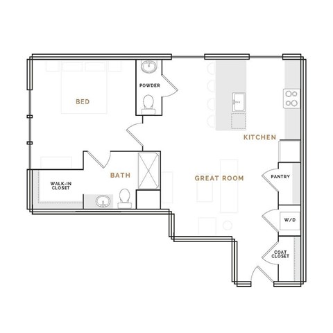 Floor plan for 1 bed, 1 bath, 616 sqft