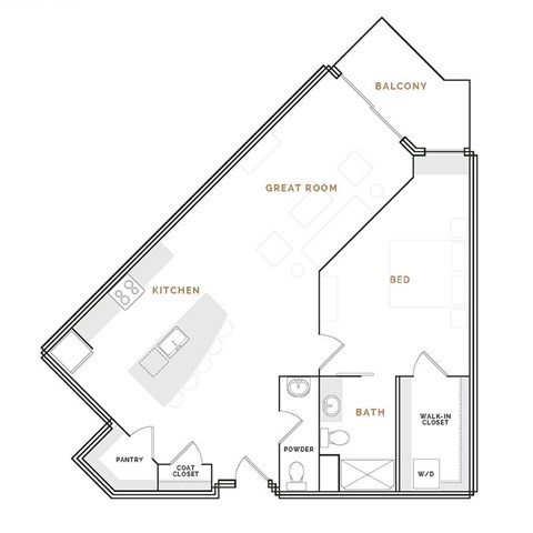 Floor plan for 1 bed, 1.5 baths, 1145 sqft