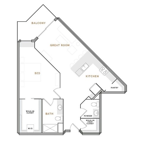 Floor plan for 1 bed, 1.5 baths, 993 sqft