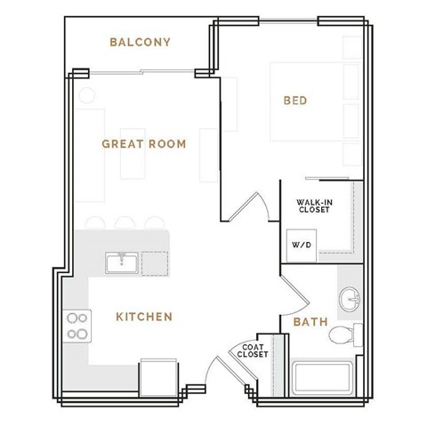 Floor plan for 1 bed, 1 bath, 699 sqft
