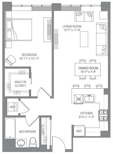Floor plan for 1 bed, 1 bath, 803 sqft