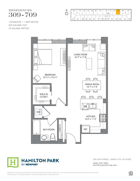 Floor plan for 1 bed, 1 bath, 803 sqft
