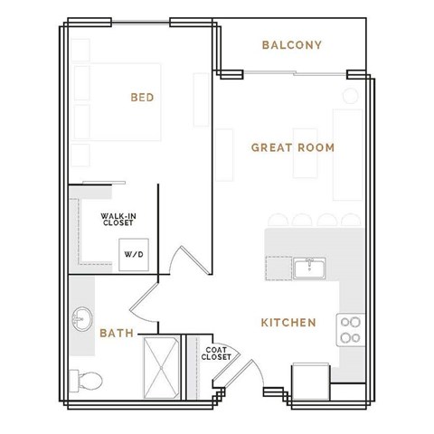 Floor plan for 1 bed, 1 bath, 714 sqft