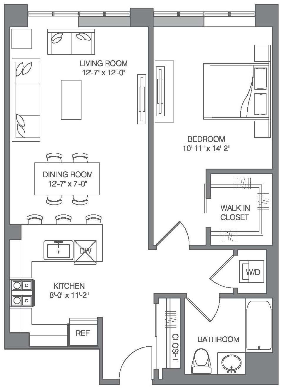 Floor plan for 1 bed, 1 bath, 806 sqft