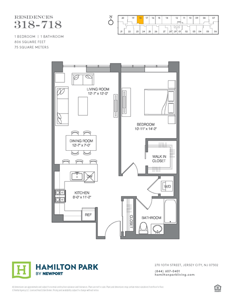 Floor plan for 1 bed, 1 bath, 806 sqft