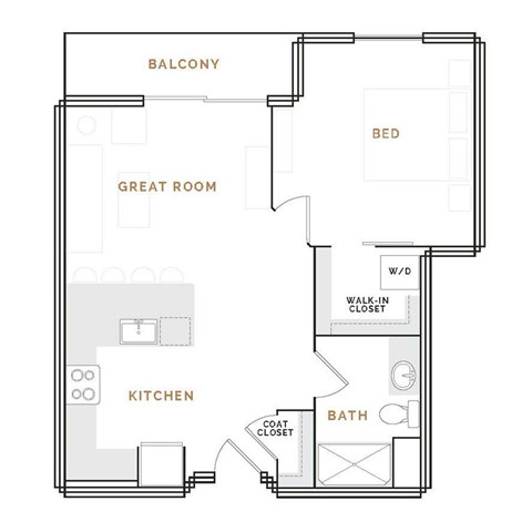 Floor plan for 1 bed, 1 bath, 754 sqft