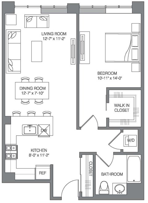 Floor plan for 1 bed, 1 bath, 834 sqft