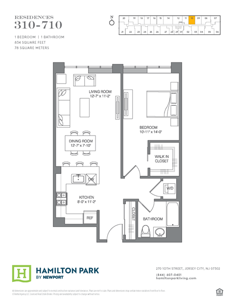 Floor plan for 1 bed, 1 bath, 834 sqft