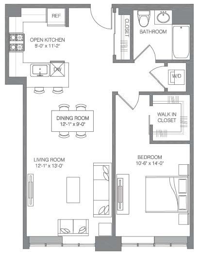 Floor plan for 1 bed, 1 bath, 835 sqft