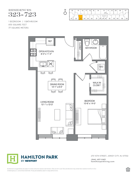 Floor plan for 1 bed, 1 bath, 835 sqft