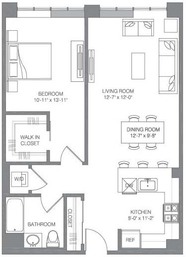 Floor plan for 1 bed, 1 bath, 835 sqft