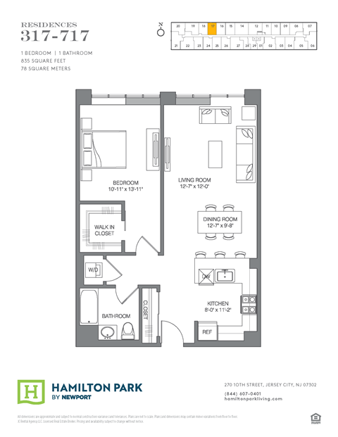 Floor plan for 1 bed, 1 bath, 835 sqft