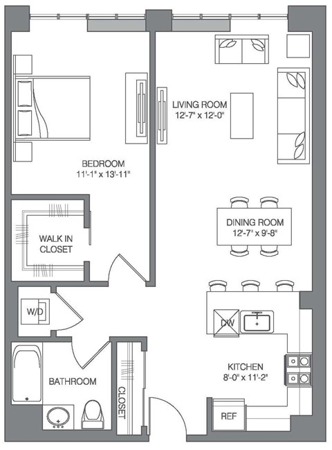 Floor plan for 1 bed, 1 bath, 859 sqft