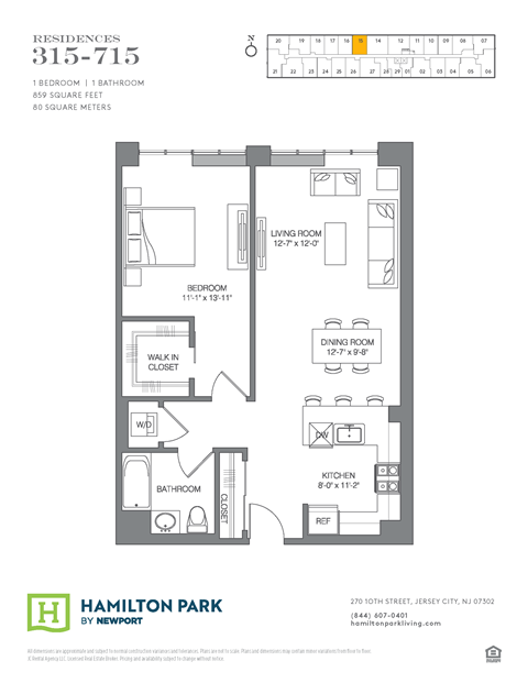 Floor plan for 1 bed, 1 bath, 859 sqft