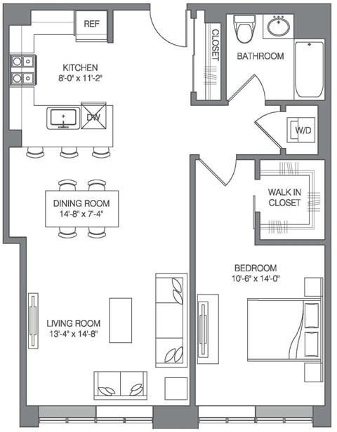 Floor plan for 1 bed, 1 bath, 871 sqft