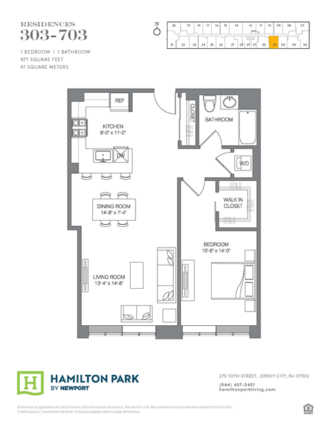 Floor plan for 1 bed, 1 bath, 871 sqft
