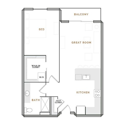 Floor plan for 1 bed, 1 bath, 896 sqft