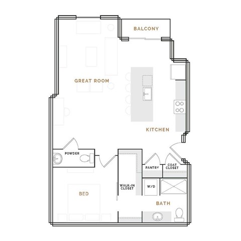 Floor plan for 1 bed, 1.5 baths, 963 sqft