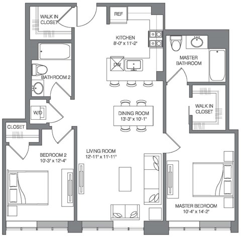 Floor plan for 2 beds, 2 baths, 1055 sqft