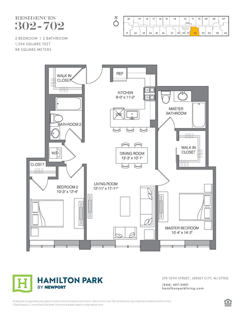 Floor plan for 2 beds, 2 baths, 1055 sqft