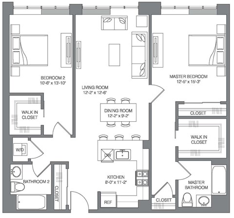 Floor plan for 2 beds, 2 baths, 1244 sqft